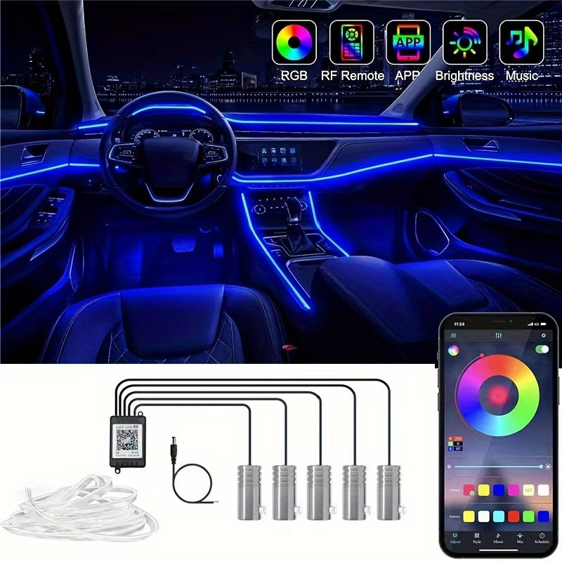 Car Led Lights Interior, Rgb 5 in 1 Ambient Lighting Kits with 236 Inches Fiber Optic, Interior Car Led Strip Lights with Wirele
